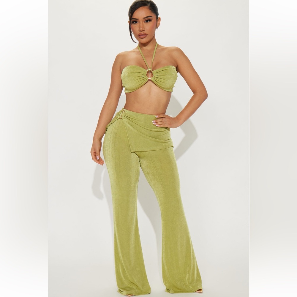 Fashion nova Staying Here Slinky Pant Set - Chartreuse